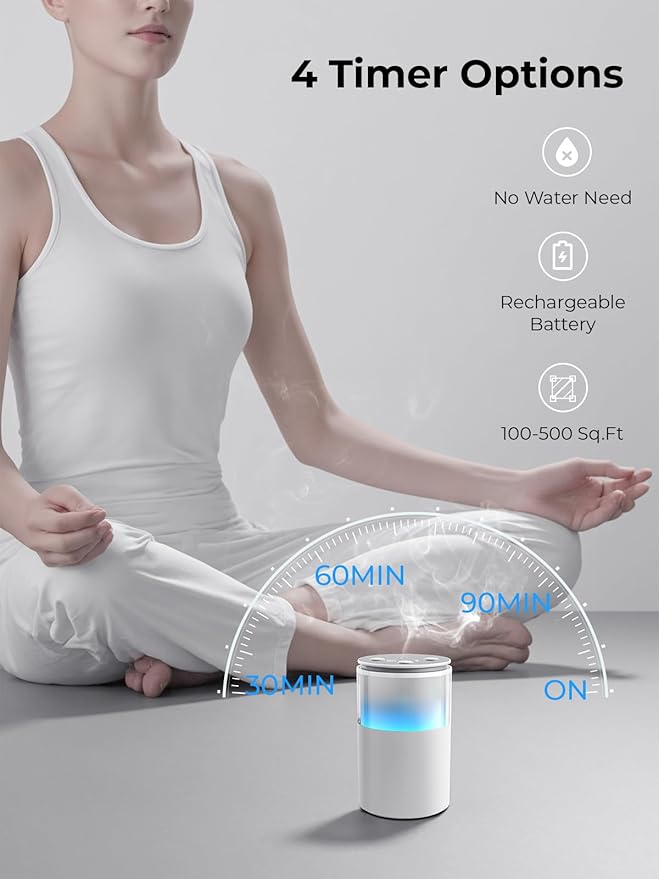 Waterless Diffuser for Essential Oil: Mini Battery Scent Diffuser for Room&Home&Car with 9 Colors LED Light - Aroma Cool Mist Machine Snow White - Bloomnest