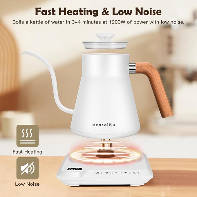 ECORELAX Gooseneck Electric Kettle, ±1℉ Temperature Control Pour Over Kettle for Coffee, Tea & Water, Stainless Steel 1200 W Keep Warm OLED Display 1 L (White) - Bloomnest