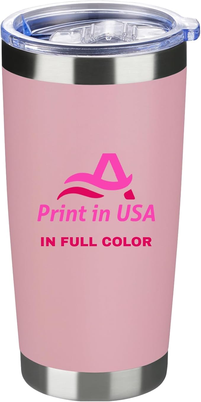Personalized Custom Print in USA Tumbler 20oz Stainless Steel Double Wall Coffee Cup with Lid & Straw Insulated Tumbler with Colorful Text Logo Photo