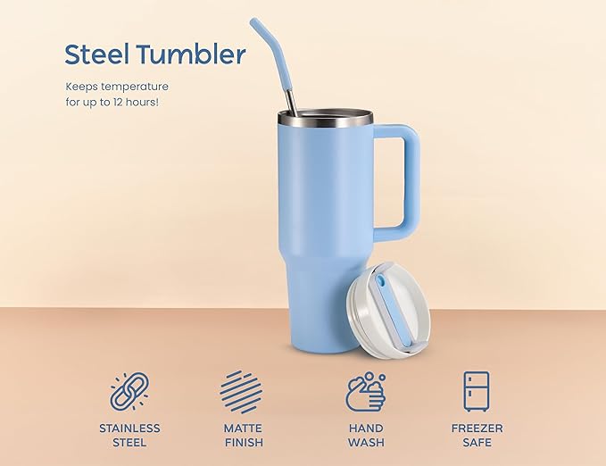 KooK Stainless Steel Tumbler, with Straw and Handle, Leakproof, Vacuum Insulated Travel Coffee Mug, Reusable Double Walled Water Bottle, Keeps Hot or Cold, 40 oz, Sky Blue - Bloomnest