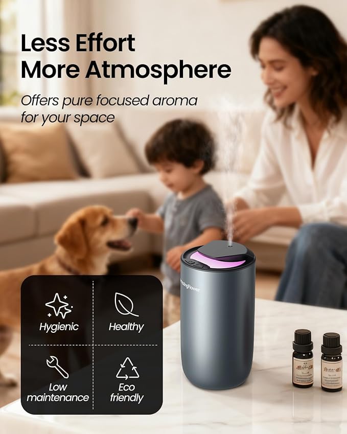 Waterless Diffuser for Essential Oil, Smart Car Air Freshener Diffuser with 3 Mist Grades & 3 LED Light Colors, Auto On/Off, Rechargeable Scent Air Machine - Bloomnest
