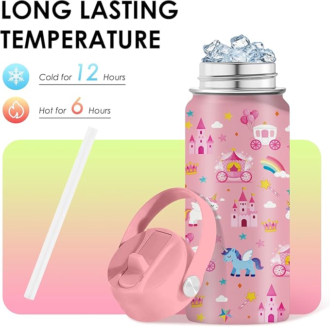 Unicorn Gifts 16 oz Water Bottle with Straw Lid, Stainless Steel Insulated Bottle, Leak Proof, BPA - Free, Cute Castle & Unicorn Tumbler for Birthday, Christmas, Daily Use, Travel (1pc) - Bloomnest