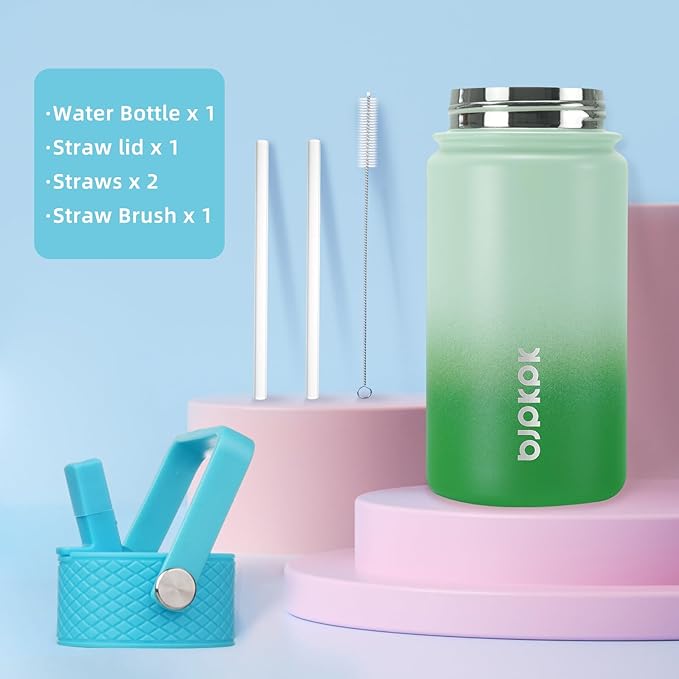 BJPKPK Insulated Water Bottle with Straw Lid, 15 oz Stainless Steel Metal Water Bottles, Reusable Leak Proof BPA Free Thermo, Flask, Cups - Meadow - Bloomnest