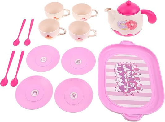 Vaguelly Plastic Tea Party Set for Pretend Play Teapot with Tray Cups Saucers Food-Grade Lightweight Kitchen for Indoor Outdoor Use Birthday Christmas