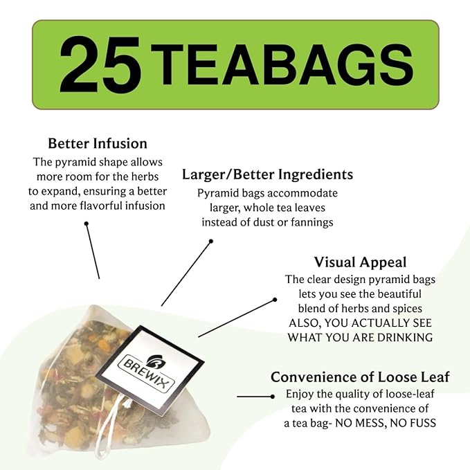 BREWIX, Tulsi Holy Basil Tea Bags (25 Pyramid Bags) | Tulsi Leaves | Holy Basil & Chamomile | Caffeine Free | Herbal Tea Bags | Calming, Fresh and Cool Flavor - Bloomnest