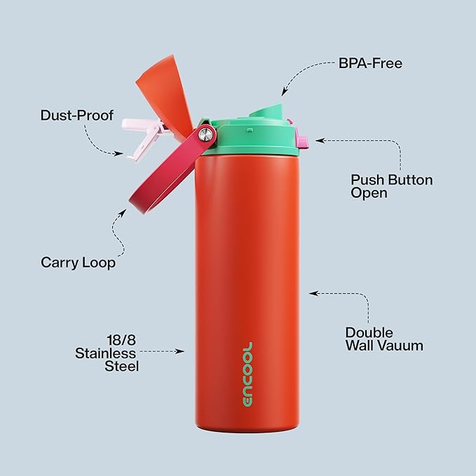 Insulated Water Bottle with Straw - Encool Stainless Steel Water Bottle with Push Button Lid, Leak-Proof & BPA-Free, Keeps Cold for 24 Hours for Sports, Travel, Gym (24 oz, Grapefruit Red) ENCOOL