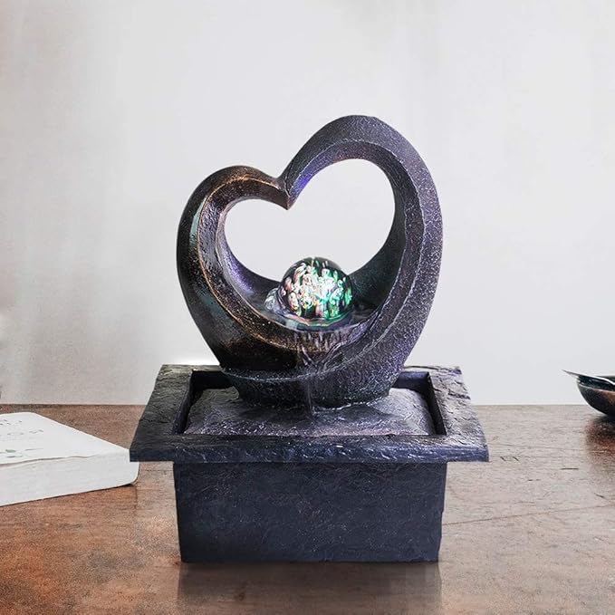 Ferrisland Tabletop Water Fountain, Zen Meditation Indoor Waterfall Fountain, Heart Shape Decoration with LED Light for Home Office Bedroom Relaxation Decor, Gift Ideas - Bloomnest