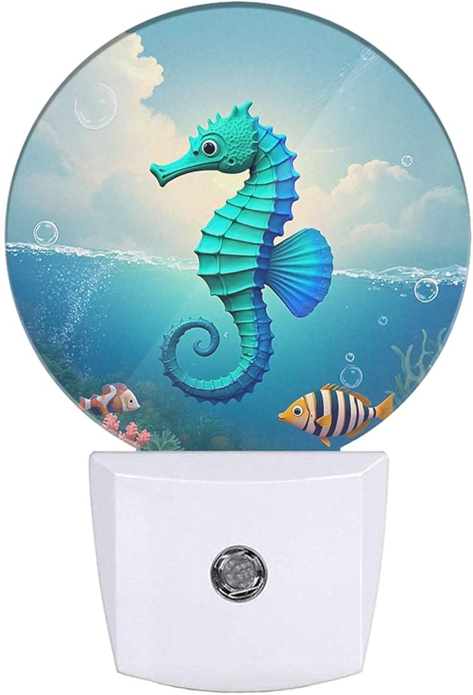 EKOBLA Seahorse Night Light - Watercolor Ocean Plug-in Nightlights with Auto Sensor, Dusk to Dawn Blue LED Lighting for Bedroom, Bathroom & Nursery (Marine Wildlife Theme) - Bloomnest