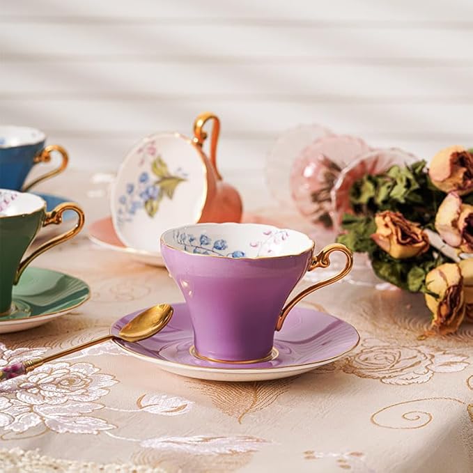 Aynsley Handpainting Colored Glaze Lily of the Valley Corset Fine Bone China English Tea Cup and Saucer Set, 6.1 oz (Purple) - Bloomnest