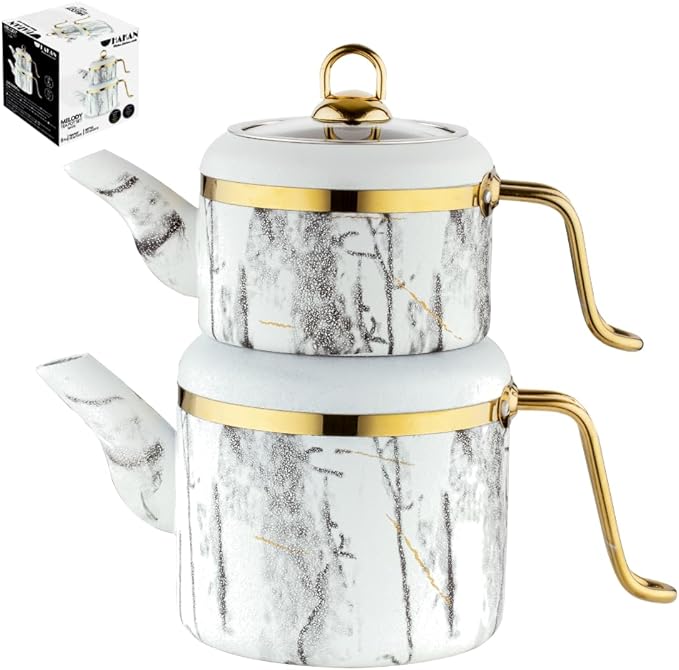 Hakan Melody Turkish Tea Pot Set | 3.5 L Tea Kettles for Stovetop with Stainless Steel Handless and Glass Lid | Aluminum Body Tea Maker | Double Stovetop Kettles with Granite Cover, White 3.6 qt - Bloomnest