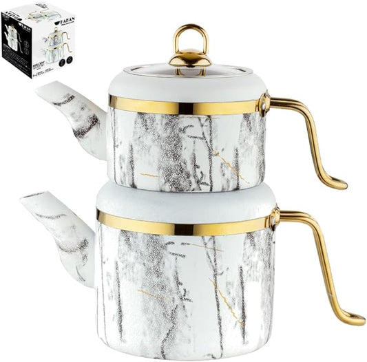 Hakan Melody Turkish Tea Pot Set | 3.5 L Tea Kettles for Stovetop with Stainless Steel Handless and Glass Lid | Aluminum Body Tea Maker | Double Stovetop Kettles with Granite Cover, White 3.6 qt - Bloomnest