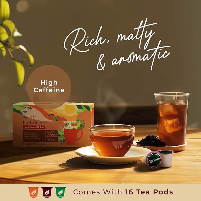 Gya Tea Co Caffeinated Pu'Erh Black Tea Pod (16 Count) - Smooth, Flavourful, Robust, Enjoy Hot or Iced - Bloomnest