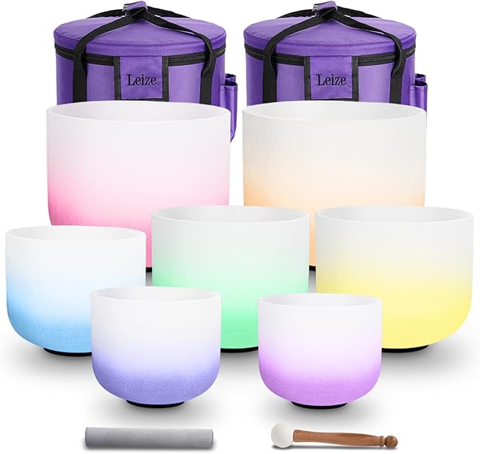 Leize Chakra Tuned 432hz Set of 7 Gradient Color Quartz Crystal Singing Bowls 6-12 inch with Heavy Duty Carrying Cases and Singing Bowl Mallets