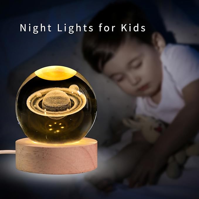 3D Saturn Crystal Ball with LED Stand, 60mm Glass Sphere Decorative Balls Lamp, Space Planet Model Galaxy Night Light Gifts for Women Kids - Bloomnest