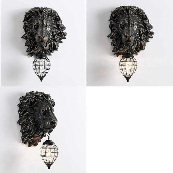 Lion Head Wall Decor Sconces Wall Lighting Retro Baroque Crystal Sconce Gold Luxury Wall Lights Fixtures for Living Room Bedroom Bedside Stairs Bathroom Mirror Headlights Lamp, E26 (B-2) - Bloomnest