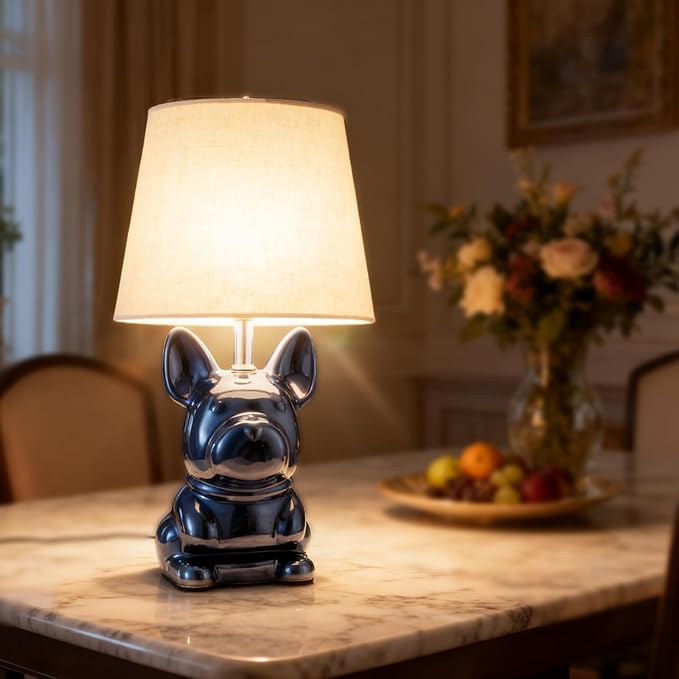 Set of 2 Ceramic Table Lamp, Puppy Shape Desk Lamp Cute Bedside Lamp for Nightstand, Living Room, Bedroom, Gifts for Kids Girls, 4W LED Bulb Included, Blue - Bloomnest