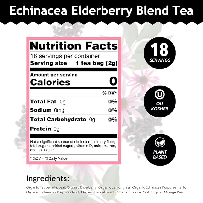 Buddha Teas - Organic Echinacea Elderberry Blend - Herbal Tea - For Health & Wellbeing - With Antioxidants & Minerals - Clean Ingredients - No Caffeine - OU Kosher & Non-GMO - 18 Tea Bags (Pack of 1) - Bloomnest