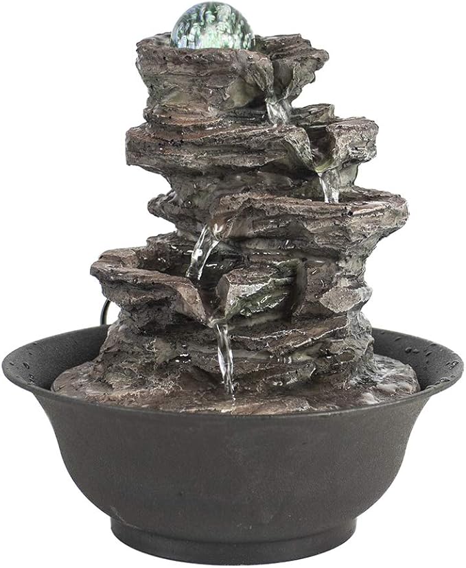 Ferrisland Tabletop Rock - Stacked Waterfall Fountain with LED - Lit Crystal Ball, Ideal for Office & Home Decor(Brown Gray) - Bloomnest