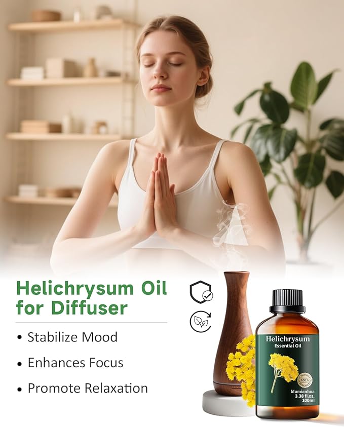 Helichrysum Essential Oil Pure, Mumianhua Natural Helichrysum Oil for Reed Diffusers, Home Humidifiers, Skin, Hair, Massage, DIY, Self-Care, Aromatherapy, Soap, Candle Making 3.38 Fl oz - Bloomnest