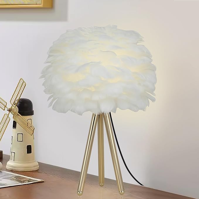 ZYLEIESENBAO White Feather Lamp Furry Table Lamp H16'' Modern Princess Feather Desk Lamp Tripod Fluffy Bedside Nightstand Light for Bedroom Wedding Atmosphere Girl Gift Living Room Retaurant Entryway - Bloomnest