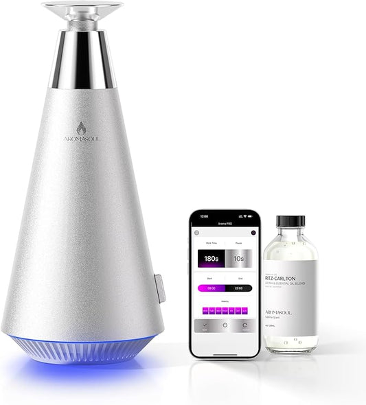 Waterless Scent Diffuser Starter Kit - 1500 Sq Ft Coverage, Alloy Atomization System,Mood Light,Smart Rechargeable Hotel Scent Diffuser, Including 120ml Essential Oil, for Home,Large Room,Spa,Silver - Bloomnest