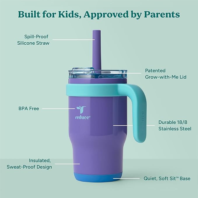 REDUCE 14 Oz Coldee Kids Tumbler with Lid and Straw - Coldee Insulated Travel Mug - Spill-Proof, Sweatproof Stainless Steel, BPA-Free - Includes Handle, Reusable Silicone Straw - Magnetic Purple - Bloomnest
