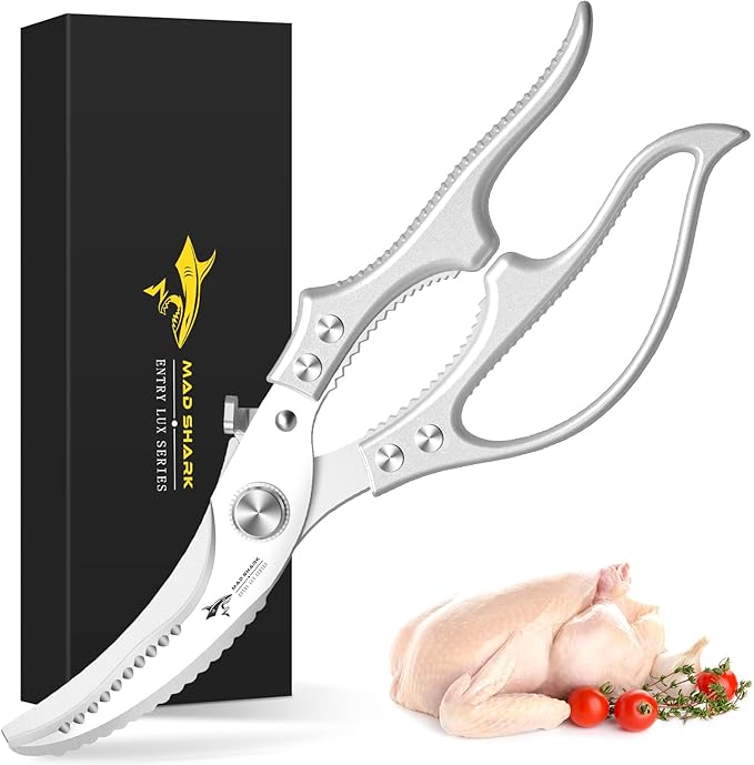 MAD SHARK Heavy Duty Poultry Shears, Kitchen Shears with Non-Slip Handle & Safety Lock, All Purpose Kitchen Scissors for Chicken, Meat Cutting, Turkey, Fish, Vegetables, Spring Loaded, Dishwasher Safe - Bloomnest