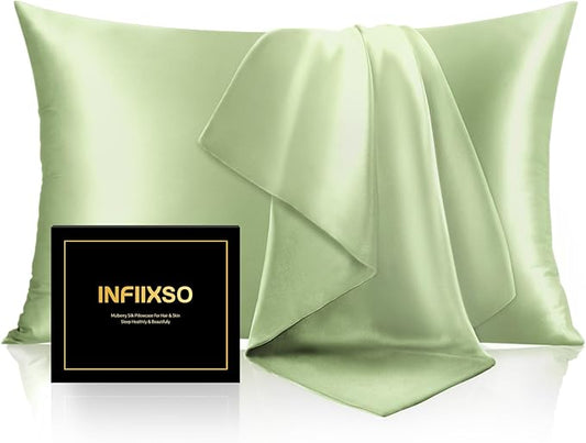 INFIIXSO Silk Pillow Cases 2 Pack Standard Size, Ultra Smooth & Soft Mulberry Silk Pillow Case for Hair and Skin, Breathable Cooling Silk Pillowcase with Hidden Zipper (Sage Green, 20x26 Inches) - Bloomnest