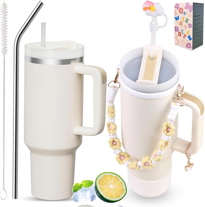 40 oz Tumbler Insulated Mug w/Straw & Flip Cap Lids - Cup Holder Bottle with 6 Accessories Set for Hot, Cold Drink - Leak-Proof - Water, Coffee Portable Travel Mug (Cream) - Bloomnest