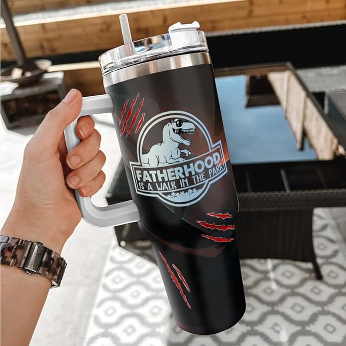 Personalized Dinosaur Dad Tumbler with Handle and Straw, Custom Cute Dino Kids’ Names and Claw Mark Design, Funny Father’s Day Gift for Cool Daddy or Papa - Bloomnest