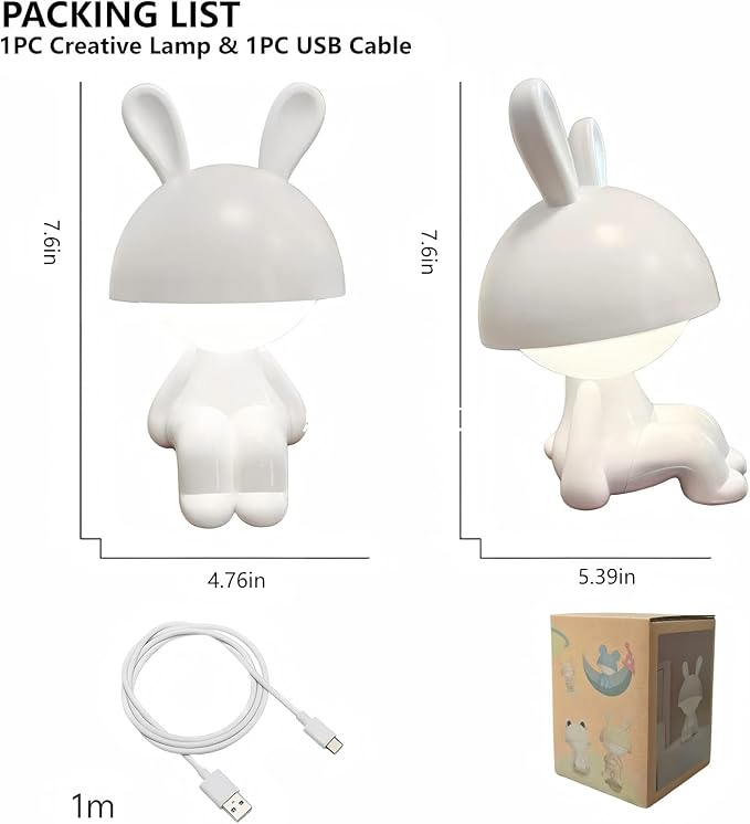 Night Light | Mini Desk Lamp | Table Lamps for Night Stands LED Cute Bunny 3 Level Dimmable Touch Light with Rechargeable Battery for Bedside Living Room Home Decor Christmas Gifts(White) - Bloomnest