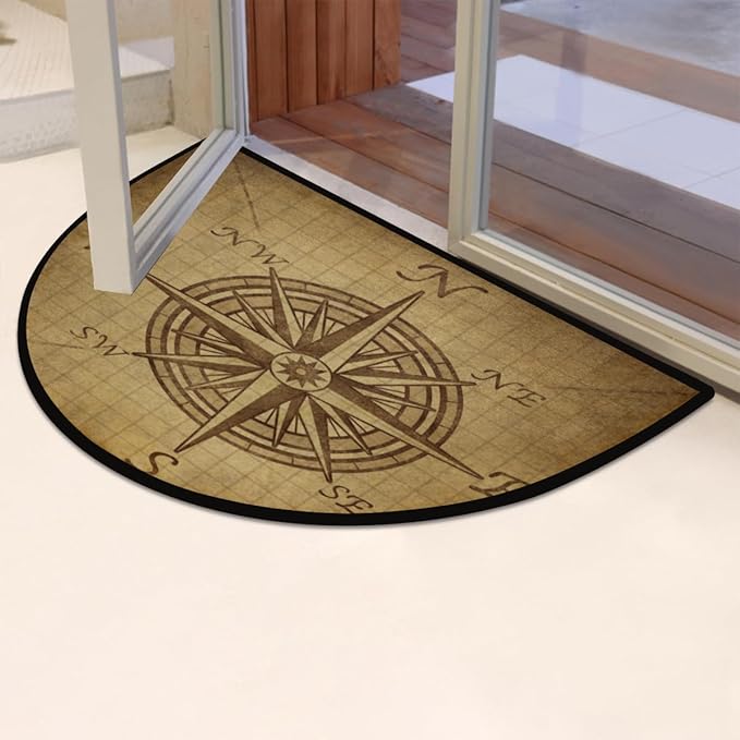 Half Round Door Mat, Compass Rose Retro Non-Slip Half Circle Area Rug Vintage Pattern Doormat Washable Durable Home Decor Half Moon Rug for Floor Indoor Outdoor Living Room Bedroom Kitchen Patio - Bloomnest