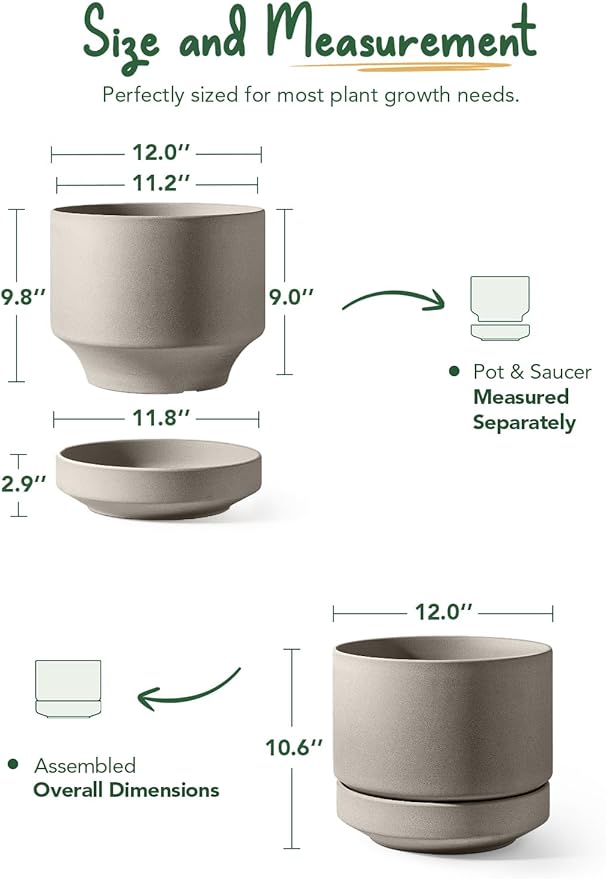 LE TAUCI 12 Inch Pots for Plants with Saucer | Ceramic Outdoor & Indoor Planter Pot for Plants | Drainage Hole, Mesh Pad & Plug | Unglazed Porous | Modern for Home, Office and Patio – Neutral Gray - Bloomnest