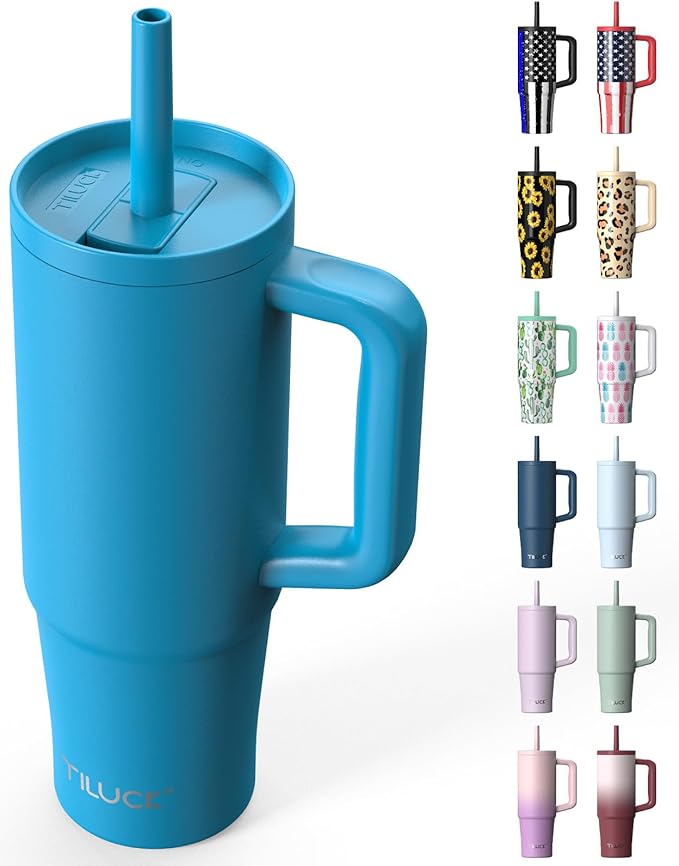 TILUCK 30 oz Tumbler with Handle, Vacuum Insulated Stainless Steel Travel Mug with 100% Leak-Proof Silicone Straw Lid, Cupholder Friendly Water Bottle(LakeBlue, 30oz)