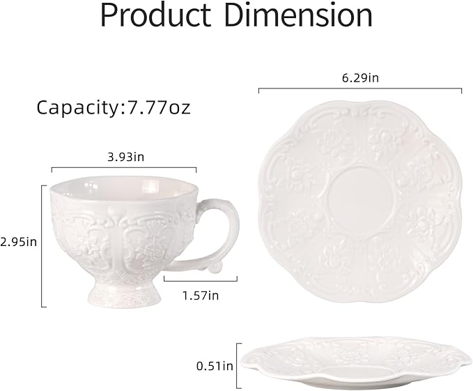 KAMMAK Tea Cups and Saucers Set of 2, Porcelain Coffee Cups, 7.8-Ounce Stackable Espresso Mugs, Ceramic Demitasse for Coffee, Latte, Americano, Tea, Britney - Bloomnest