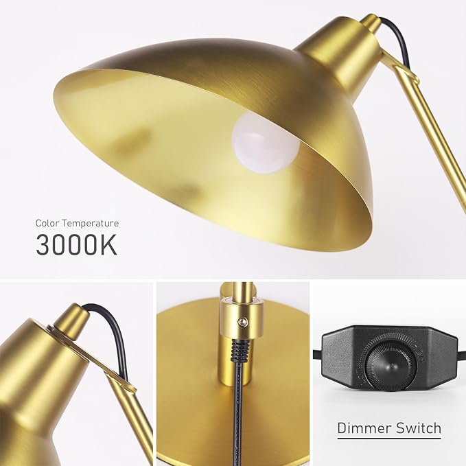 Desk Lamp Modern Industrial 100% Metal Table Lamp 22", Soft White Light (3000K) with Adjustable Switch, Ideal for Office Bedroom Study Room Living Room Nightstand Bedside Lamps Brass - Bloomnest