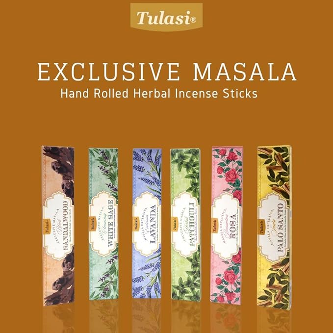Tulasi Herbal Masala Incense Sticks Assorted/Variety Pack – 120 Hand Rolled Sticks, 6 Natural Scents | Sandalwood, Lavender, Patchouli, Palo Santo, White Sage | Aromatherapy Tulasi