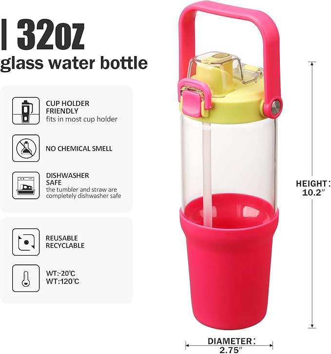 Glass Tumbler with Carry Handle, Clear Glass Water Bottle with Leakproof Lid, Spout Lid&Straw, BPA-Free, 32 oz, Bright Pink - Bloomnest