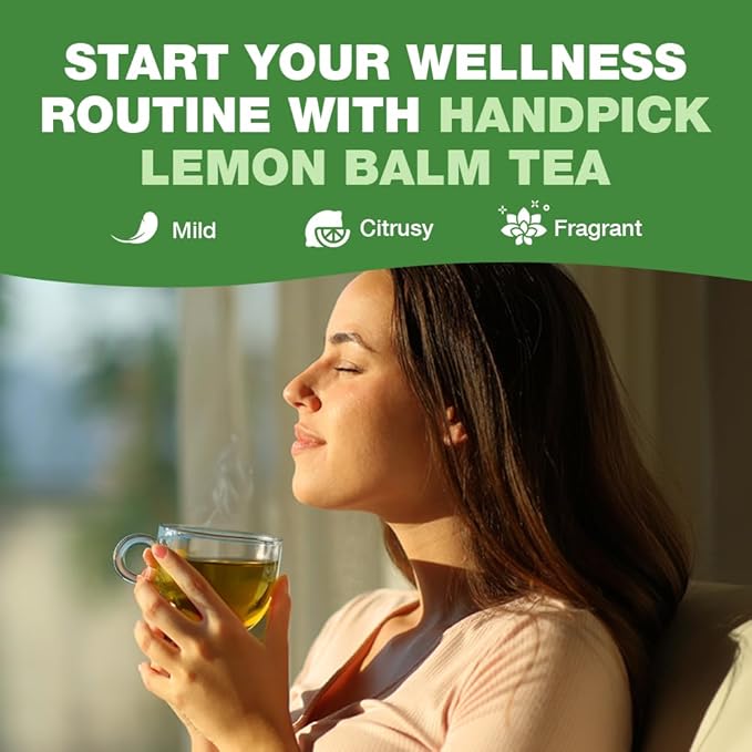 HANDPICK Lemon Balm Tea Bags – 100 Count | 100% Pure & Naturally Dried | Caffeine-Free Herbal Tea with Citrus Flavor & Aroma | Premium Lemon Balm Leaf for Calming and Digestion Support - Bloomnest