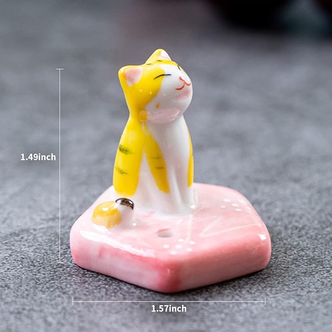 Set of 3, Japanese Mini Cute Kitty Cat Handmade Ceramic Incense Stick Holder or Incense Burner Holder, Adorable Animal Theme Inscent Tray for Home Decor Yoga Spa Meditation, 1.57 inch - Bloomnest