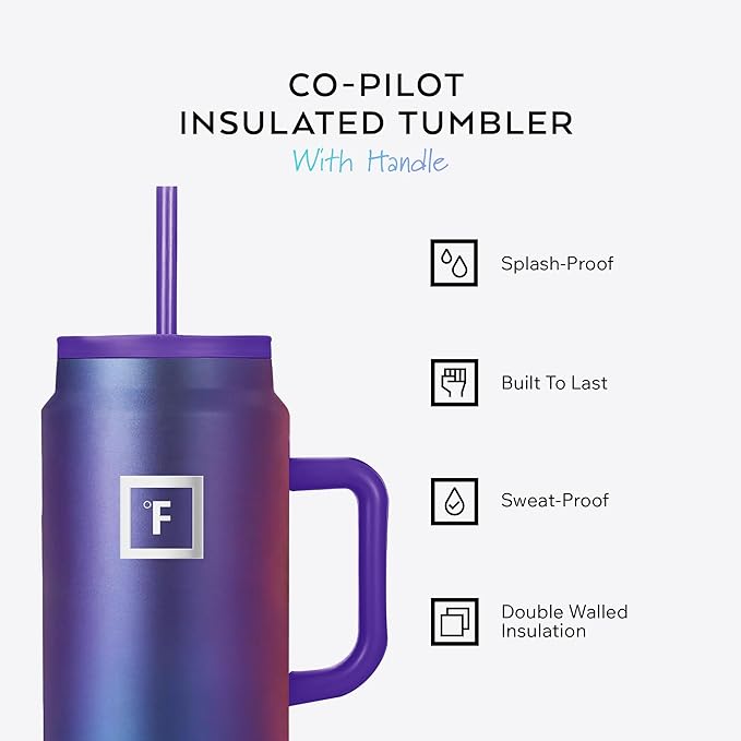IRON °FLASK Co-Pilot Insulated Mug w/Straw & Flip Cap Lids - Cup Holder Bottle for Hot, Cold Drink - Leak-Proof - Water, Coffee Portable Travel Mug - Lavender, 50 Oz - Bloomnest