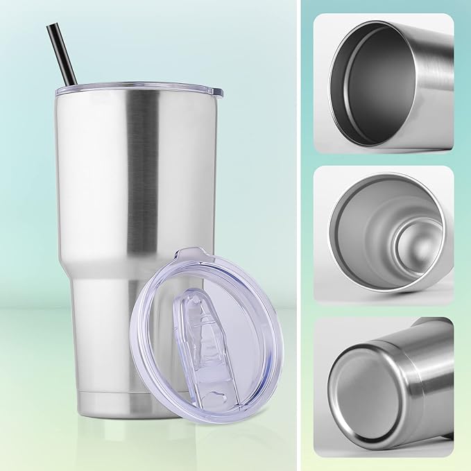 DOMICARE 30 oz Tumbler with Lid and Straw, Stainless Steel Tumblers Bulk, Insulated Vacuum Double Wall Travel Coffee Mug, Durable Powder Coated Tumbler Cups (Stainless Steel, 12)