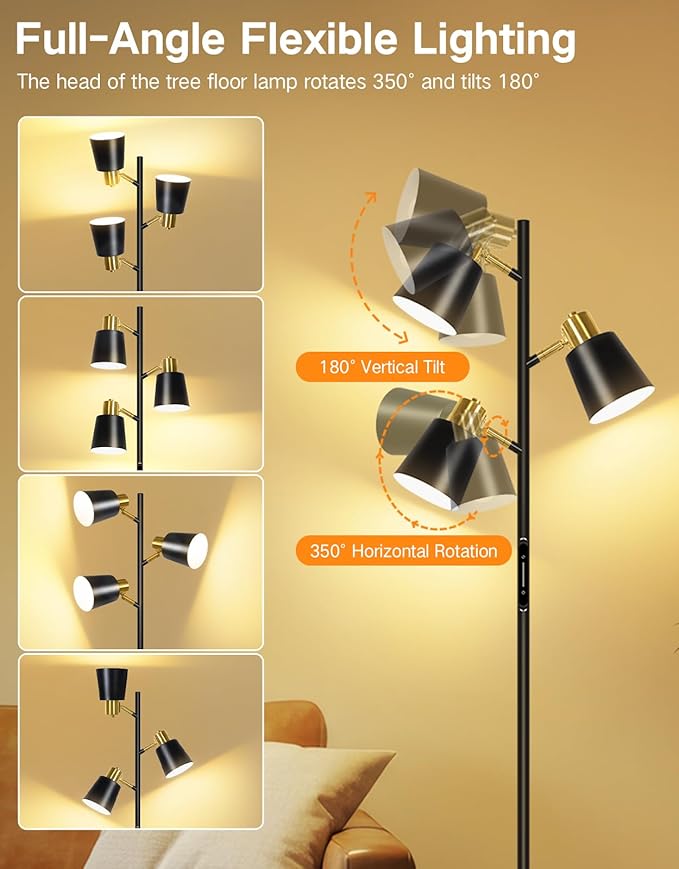 OUTON LED Tree Floor Lamp, Modern Dimmable Standing Lamp with Remote & Touch Control, 4 Color Temperatures, 3 Rotatable Lights Floor Lamps for Living Room, Bedroom, Office, Black & Gold - Bloomnest
