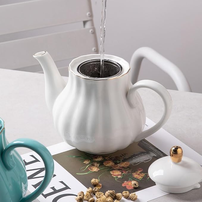 Sweejar Royal Teapot, Ceramic Tea Pot with Removable Stainless Steel Infuser, Blooming & Loose Leaf Teapot - 40 Ounce (White) - Bloomnest