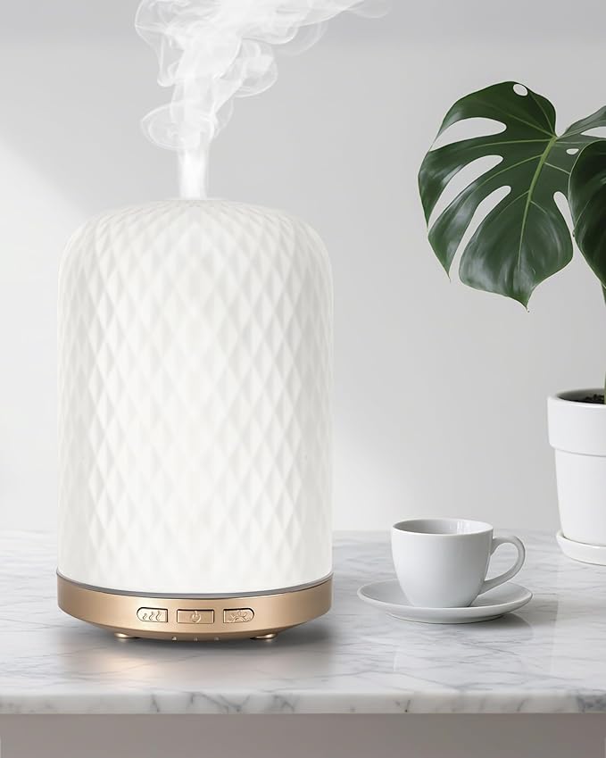 Essential Oil Diffuser,120ML 2.4MHz Ultrasonic Aromatherapy Diffusers for Essential Oils Large Room, Ceramic Diffusers Decorative Aroma Diffuser, Ideal Air Diffusers for Home, Room Decor, Yoga, White - Bloomnest