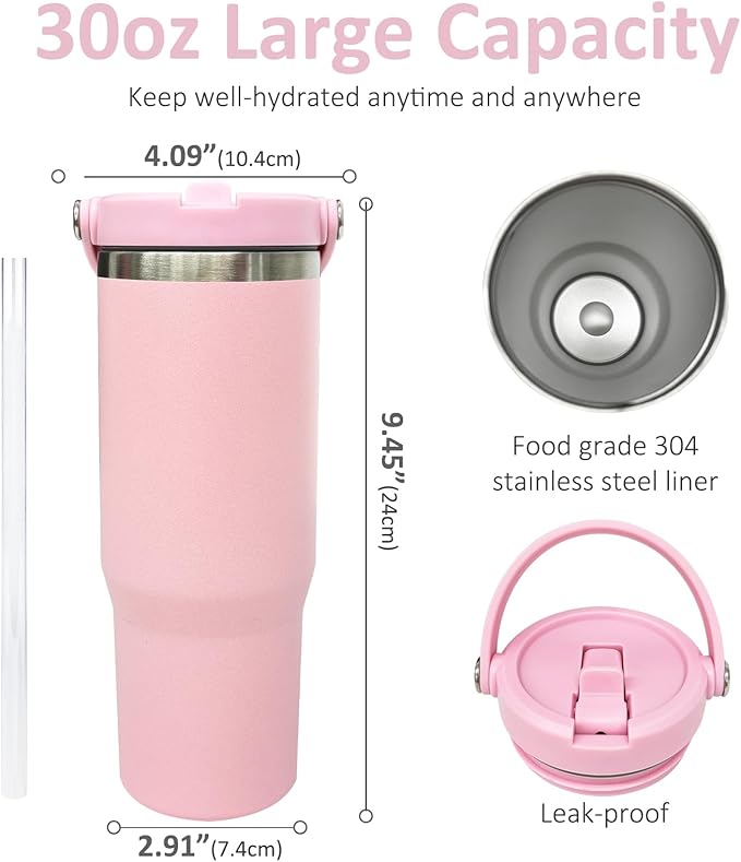 30 oz Tumbler with Top Handle, Double Wall Vacuum Insulated Tumbler with Flip Straw, Travel Coffee Mug 30oz Powder Coated Cup for Laser Engraving (Pink,1 pack)
