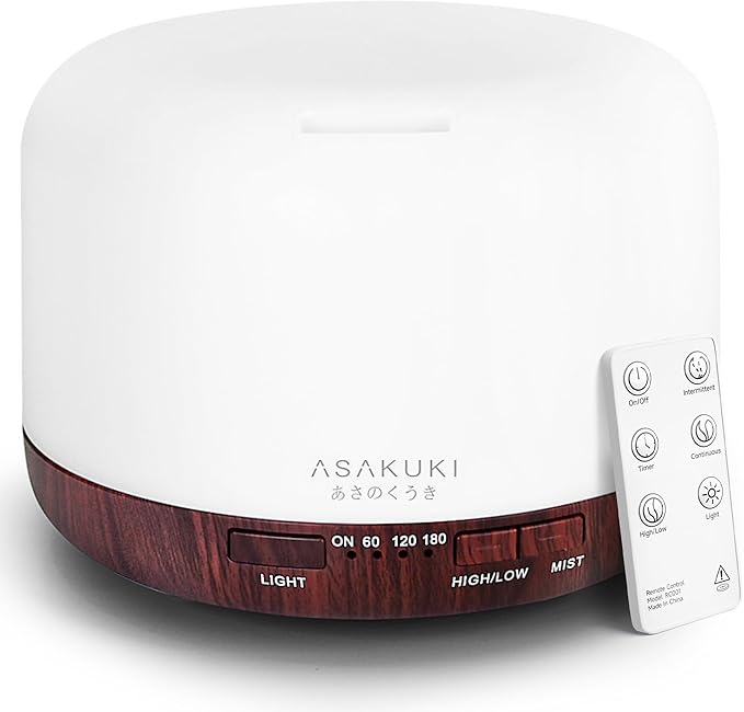 ASAKUKI Essential Oil Diffuser for Home, 500ml Aromatherapy Fragrant Oil Humidifier Vaporizer, 7-Color Light and Auto-Off Safety Switch (Reddish-Brown) - Bloomnest