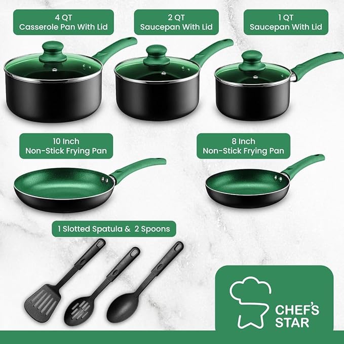 Chef's Star Pots And Pans Set Kitchen Cookware Sets Nonstick Aluminum Cooking Essentials 11 Pieces Green - Bloomnest