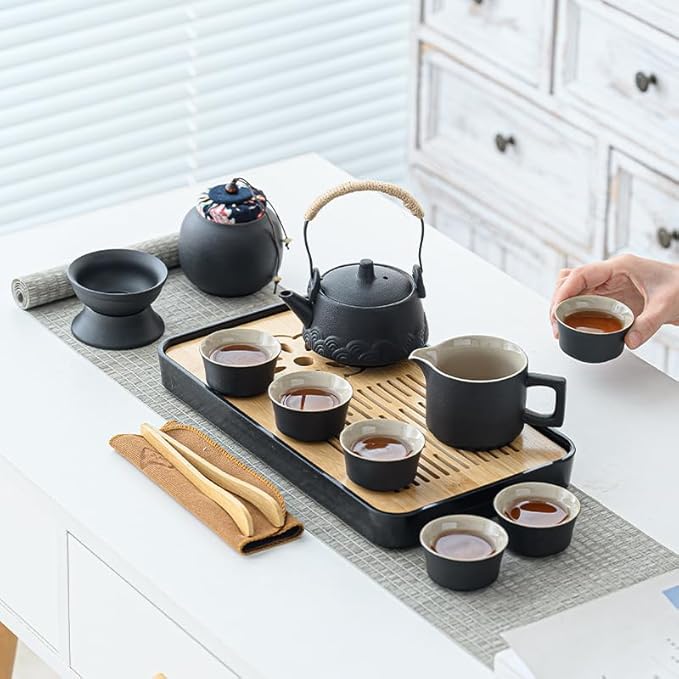 LURRIER Gongfu tea sets, Portable Ceramic TeaSet, Asian Tea sets for adult, Tea Gift sets, Grey leather case, Portable Travel Bag,Home,Gifting,Outdoor and Office(Black) - Bloomnest