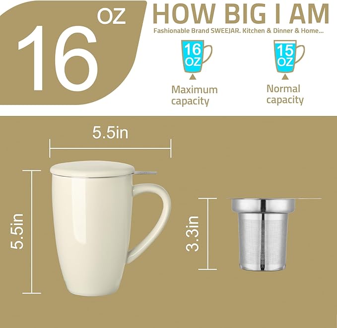 Sweejar Porcelain Tea Mug with Infuser and Lid,Teaware with Filter, Loose Leaf Tea Cup Steeper Maker, 16 Fl Oz for Tea/Coffee/Milk/Women/Office/Home/Gift (Beige) - Bloomnest